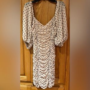 Re:Named Cream w/ Black Polka Dots Ruched Lined Bodycon Mini Dress Size‎ Small